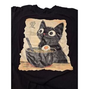 Black Cat Eating Ramen Noodles  T-shirt M/L Unisex